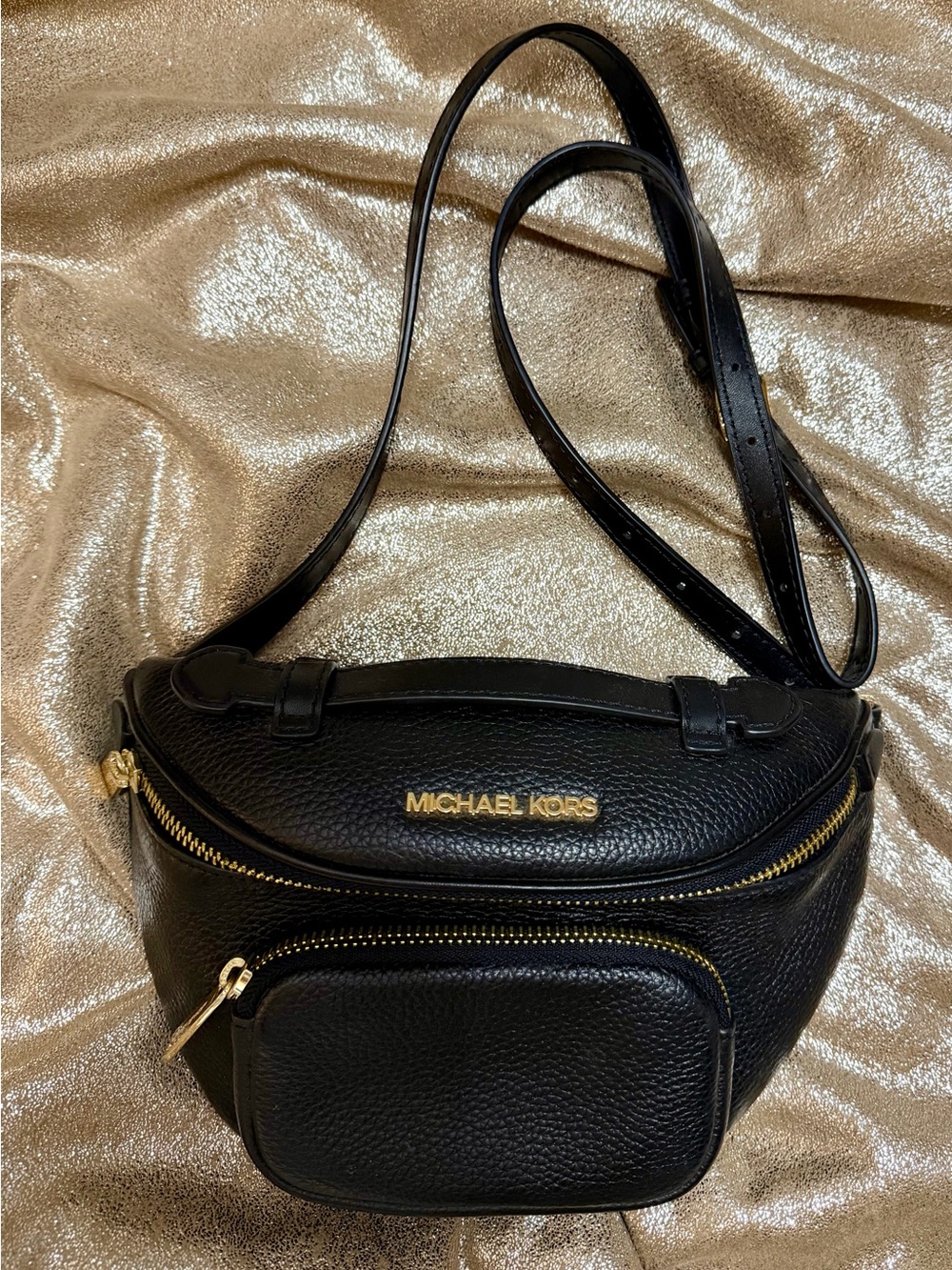 Michael Kors Black Leather Belt Bag with Gold Hardware